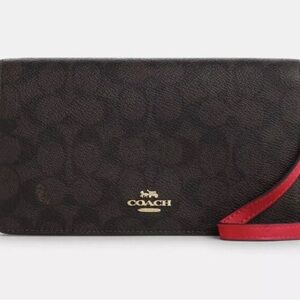 Coach Anna Foldover Clutch Crossbody Bag In Signature Canvas Gold/Walnut/Red